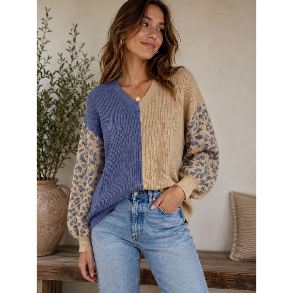 Jun & Ivy Colorblock Leopard Print V-Neck Sweater Blue Tan SMS1073IMK-DB1 Medium